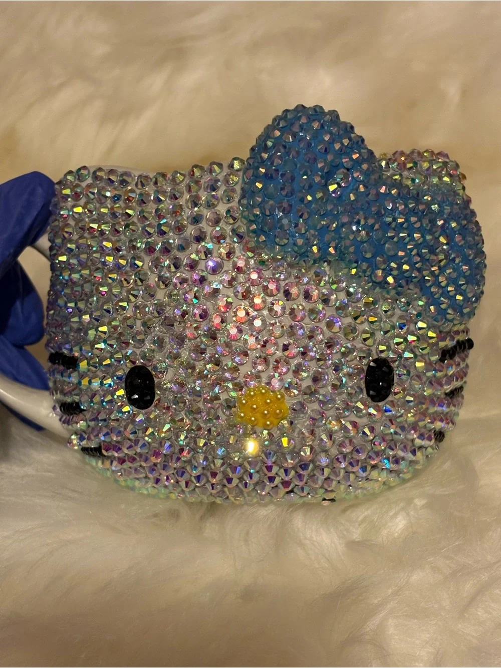 Rhinestone Sparkle Cat Face Hair Clip - Blue Bow